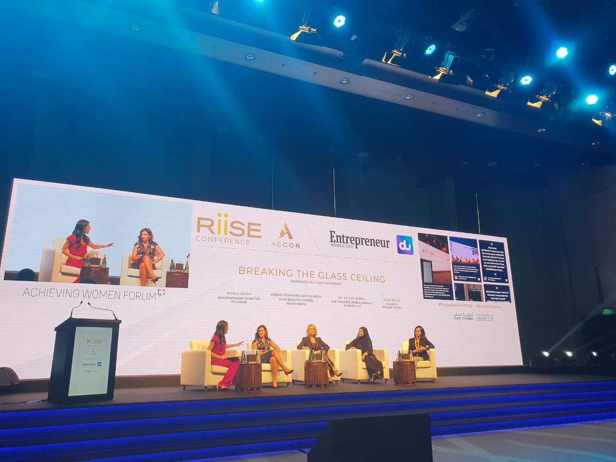 Next up, a panel on breaking the glass ceiling, moderated by @jchatterleyCNN w/FTI Group's Roula Jouny, <a href="/novocinemas/">Novo Cinemas</a>' Debbie Stanford-Kristiansen, <a href="/dutweets/">dutweets</a>' Dr. Alia Al Serkal + <a href="/evolvinwomen/">Evolvin' Women</a>'s <a href="/assia_riccio/">Assia Riccio</a>. #EntMEWomen #TogetherWeRiise