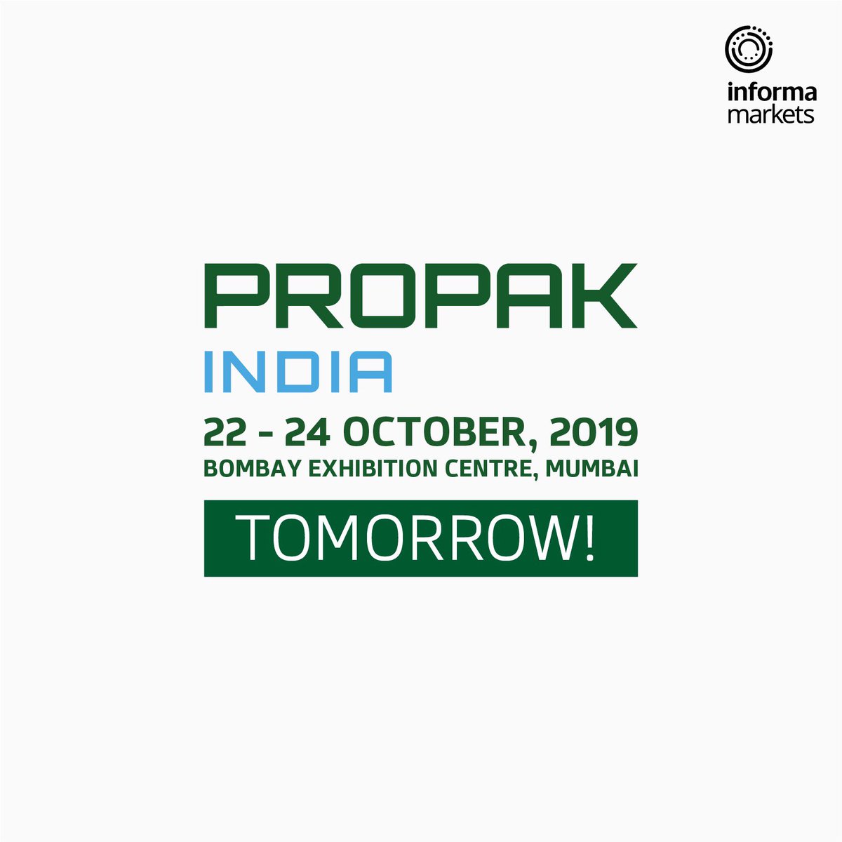 ProPakIN's tweet photo. #ProPakIndia2019, the Premier Processing & Packaging Event for India will begin tomorrow!
#ProPakIndia #Packaging #Processing #PackagingMachinery #Pharma https://t.co/8A3qDu1Dzy