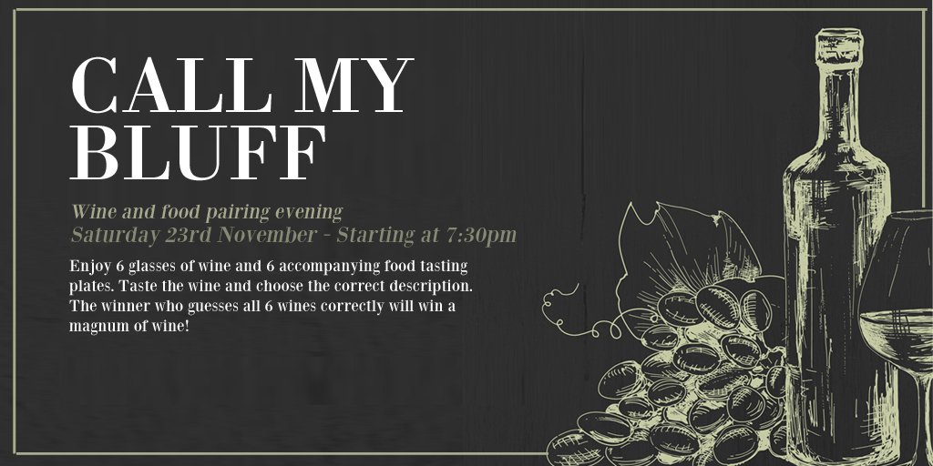 Calling all #winelovers Join the Bells for our call my bluff wine and food pairing evening 23/11. Match the wines with the correct description for your chance to wine a #magnum of wine. Purchase tickets now bit.ly/2p1xkx3