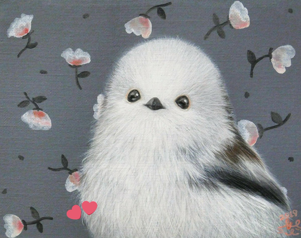 あーさ ふわふわシマエナガ描きました 油絵 シマエナガ 雪鳥