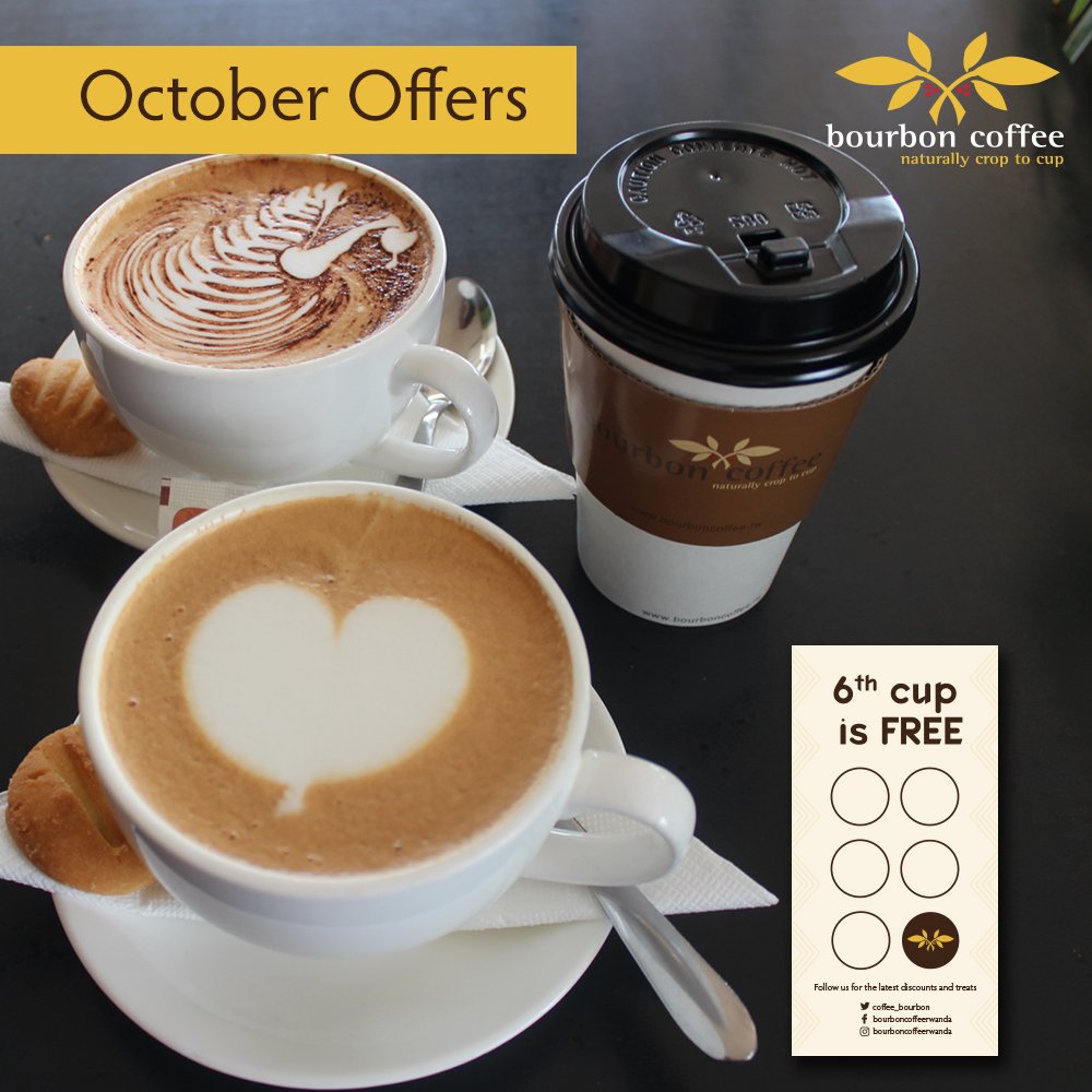 Coffee_bourbon's tweet photo. Happy Monday #RwOT! Our coffee loyalty cards are back! Collect coffee stamps with every purchase of hot or cold beverages to get a FREE cup. The 6th cup is FREE!
#bestcoffeeintown #MondayMorning #coffeetime #Octoberpromos #Kigali https://t.co/IQn1hzMdsC