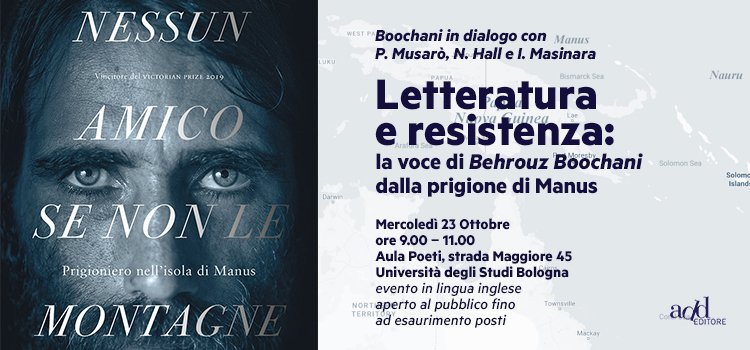 Mercoledì a Bologna <a href="/BehrouzBoochani/">Behrouz Boochani</a> parla di letteratura e resistenza in collegamento da Manus. Il libro è bellissimo, l'evento da non perdere
