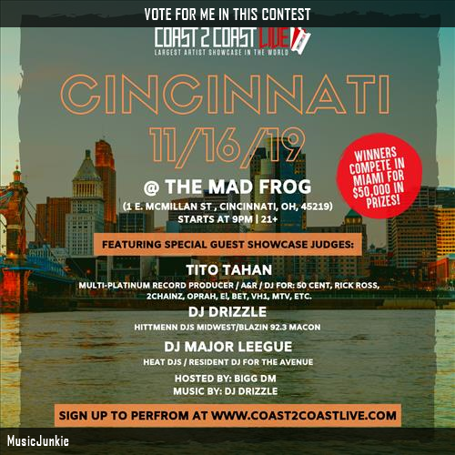 BritBolin's tweet photo. Just voted for MusicJunkie to perform for $50K Prize at #Cincinnati 11/16/19! https://t.co/cYgYVapcT9 #Coast2Coast https://t.co/WY230Re8xu
