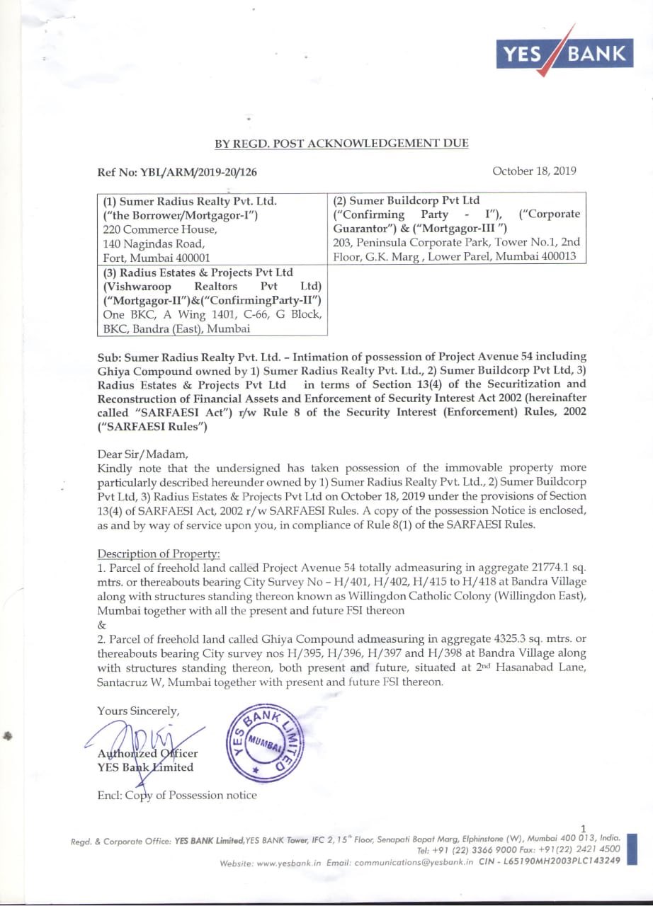 Safir No Twitter Reading This Positive Development On Yes Yes Bank Has Taken Over The Possession Of Land Of Summer Radius Proposal At Willingdon Santacruz West Know As Avenue 54 With
