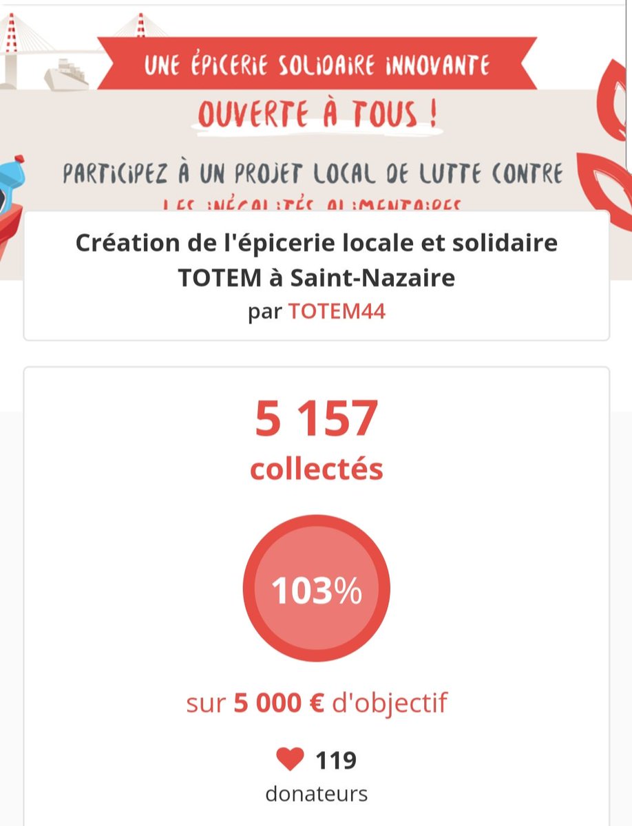 Yeees ! Objectif atteint et depassé 😃💪, nous vous remercions toutes et tous du fond du coeur ❤😃
<a href="/VilleStNazaire/">Saint-Nazaire</a> @MorinoMarie <a href="/APERDEREAU44/">Audrey PERDEREAU</a> #CRESS #franceactive #creditagricole #saintnazaire #loireatlantique #paysdeloire #solidarité #social #heureux #merci #epiceriesolidaire
