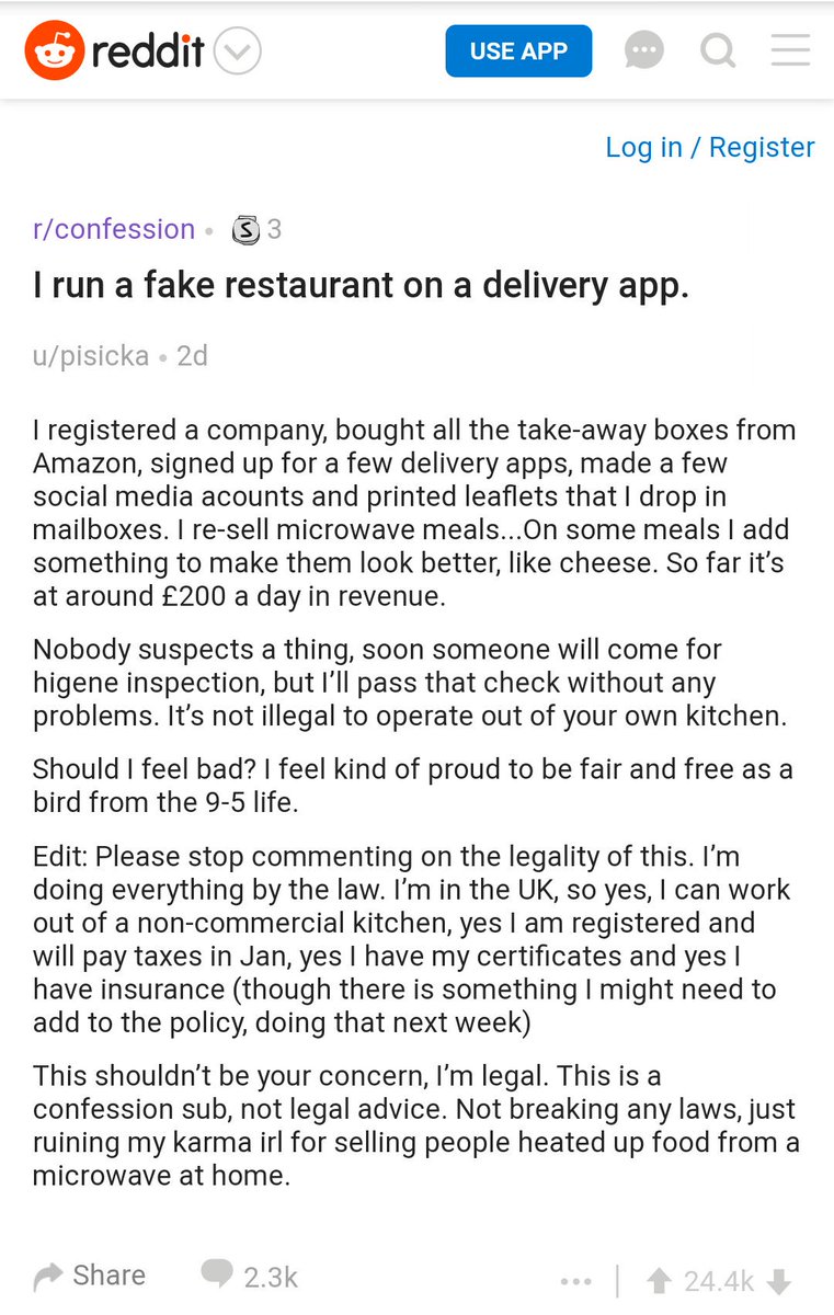 The4_14Pod's tweet photo. This person runs a delivery-only restaurant where he reheats microwave meals and sells at a mark-up. He makes £200 daily. Read the story and comment whether it's genius or unethical. https://t.co/nWM39waBFi