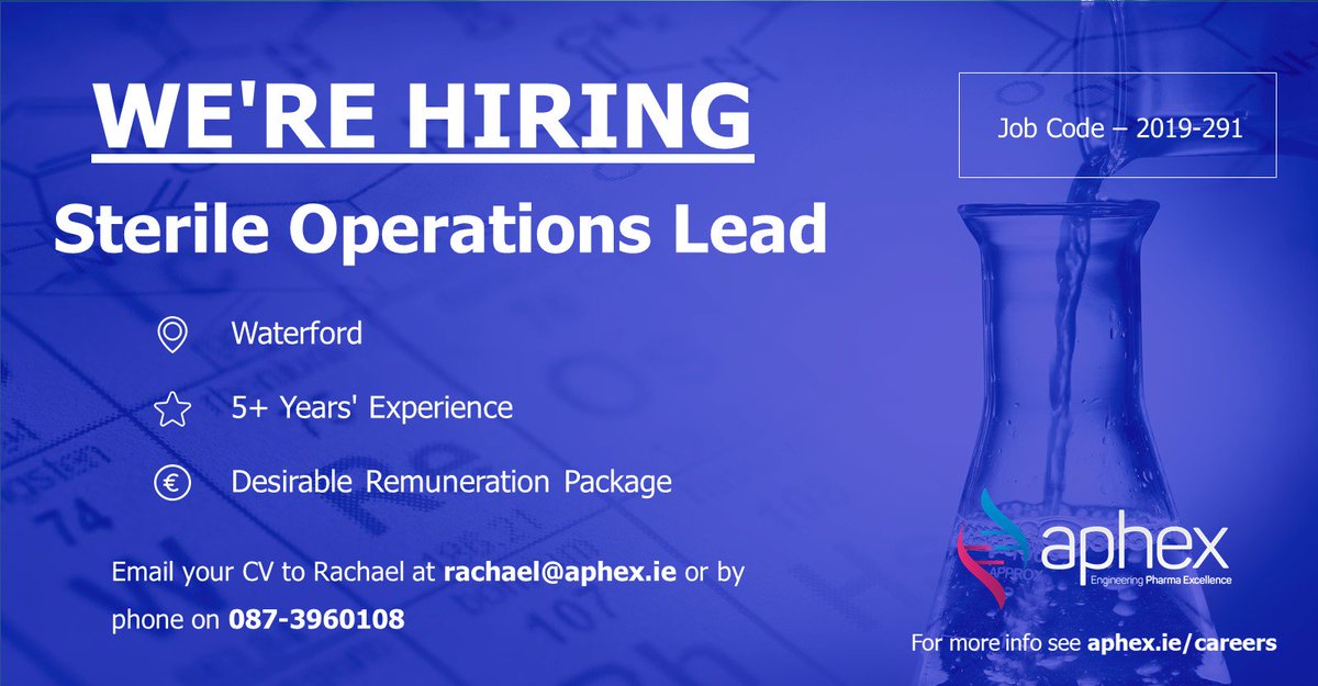 aphexjobs's tweet photo. New week = new #JobOpportunities!
Brand new role in from our client in #Waterford who are seeking a #Sterile #OperationsLead to join their team
If you're interested in learning more - contact our team today!
Rachael Kennedy - rachael@aphex.ie / 087-3960108
#irishjobs #jobfairy https://t.co/Gt1aa78Fqi