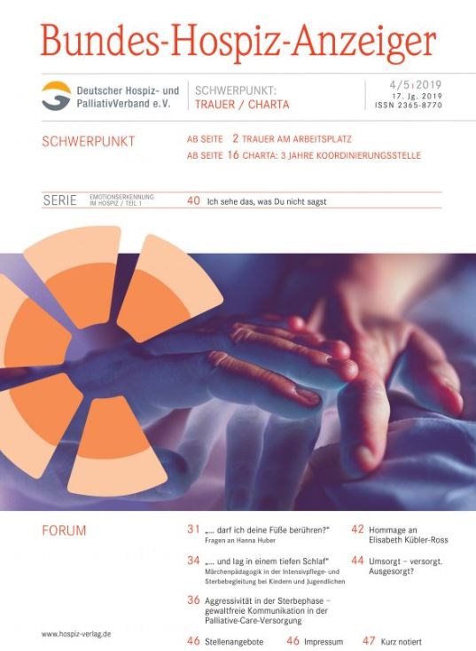 Der Bundes-Hospiz-Anzeiger – die Doppelausgabe!
Schwerpunkt 1: Trauer am Arbeitsplatz
Schwerpunkt 2: Charta – 3 Jahre Koordinierungsstelle
Jetzt bestellen: hospiz-verlag.de/produkte/zeits…