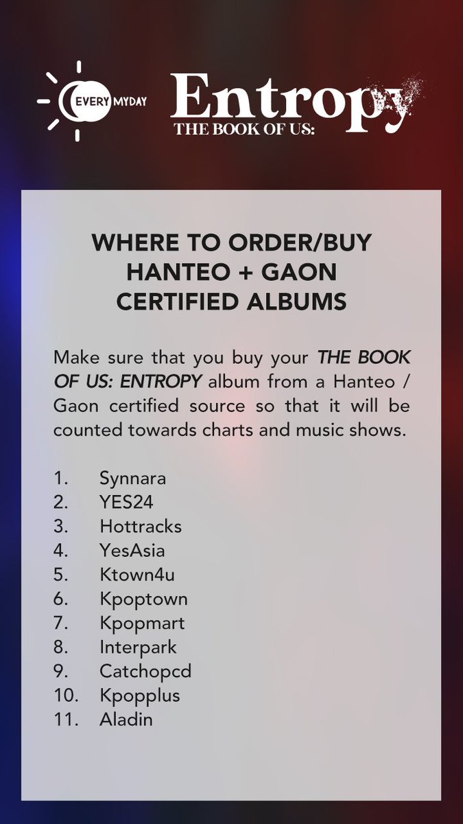 [A.] Where to order/buy Hanteo + Gaon Certified AlbumsSynnara  http://bit.ly/2pW8izJ YES24  http://bit.ly/2ANVJZv Hottracks  http://bit.ly/2opa6AD ㅡ  #DAY6  #데이식스  #The_Book_of_Us  #Entropy