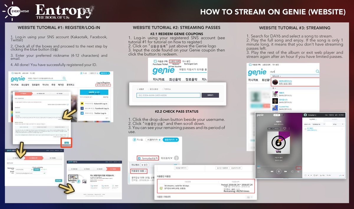 [B.2] How to Stream on GenieDownload the Genie app or access Genie through their website Website:  http://genie.co.kr   PC App:  http://genie.co.kr/guide/geniePC   Android:  https://apkpure.com/%EC%A7%80%EB%8B%88-%EB%AE%A4%EC%A7%81-genie/com.ktmusic.geniemusic  iOS:  https://apps.apple.com/kr/app/%EC%A7%80%EB%8B%88-%EB%AE%A4%EC%A7%81-genie/id858266085?l=enㅡ  #DAY6  #데이식스  #The_Book_of_Us  #Entropy