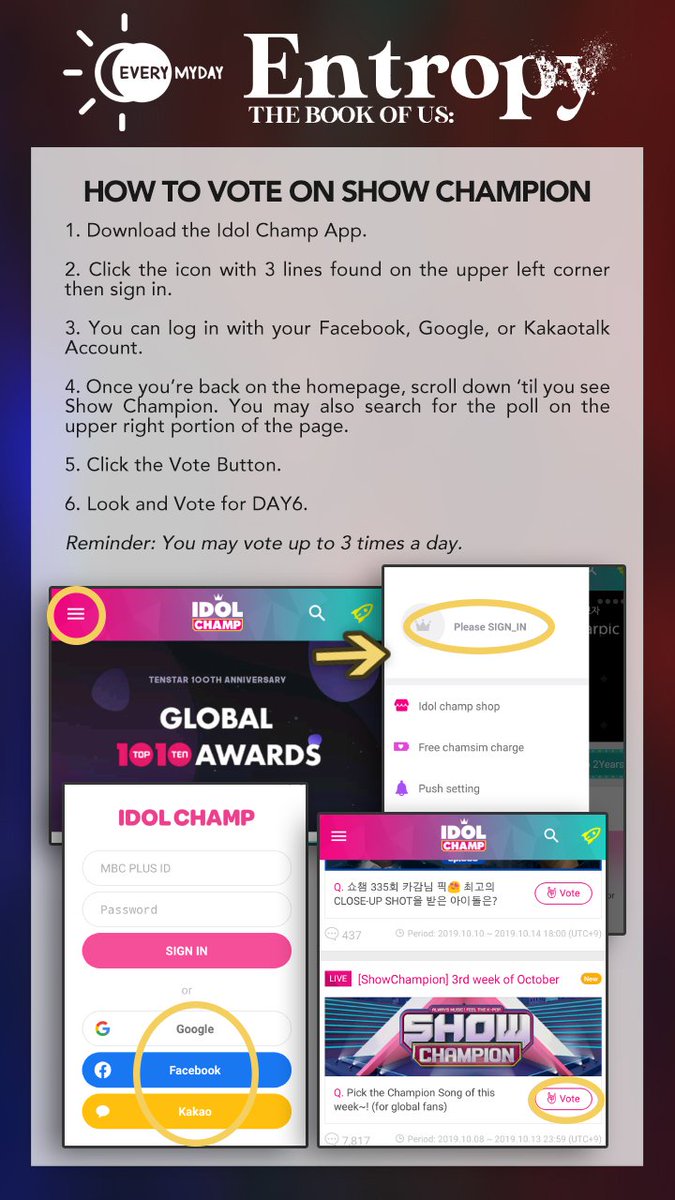 [C.2] How to Vote on Show Champion Android:  https://play.google.com/store/apps/details?id=com.nwz.ichampclient  iOS:  https://goo.gl/a9M4wK  ㅡ  #DAY6  #데이식스  #The_Book_of_Us  #Entropy