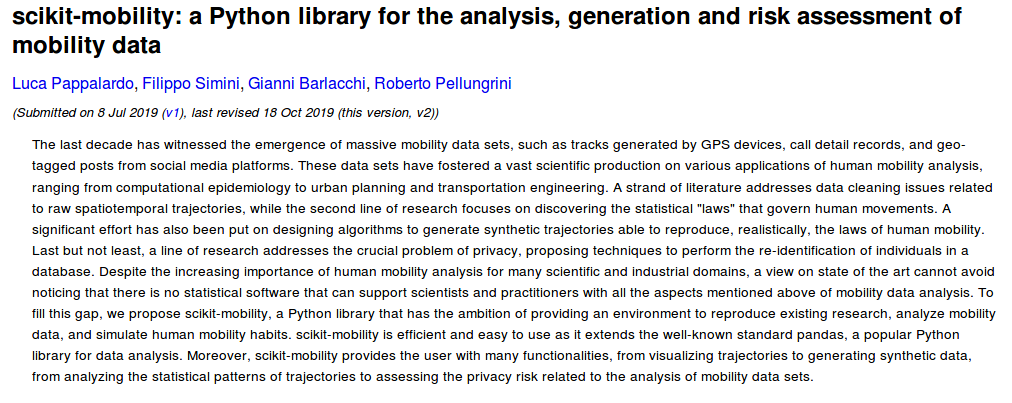 lucpappalard's tweet photo. 📰The paper describing our #Python library on human mobility analysis - #scikitmobility - is now on @arxiv_org: https://t.co/O6UV952QPI. Enjoy it...and the library! 👉https://t.co/tytdLLCuJ3 #DataScience @SoBigData https://t.co/OzzmqWnW3U