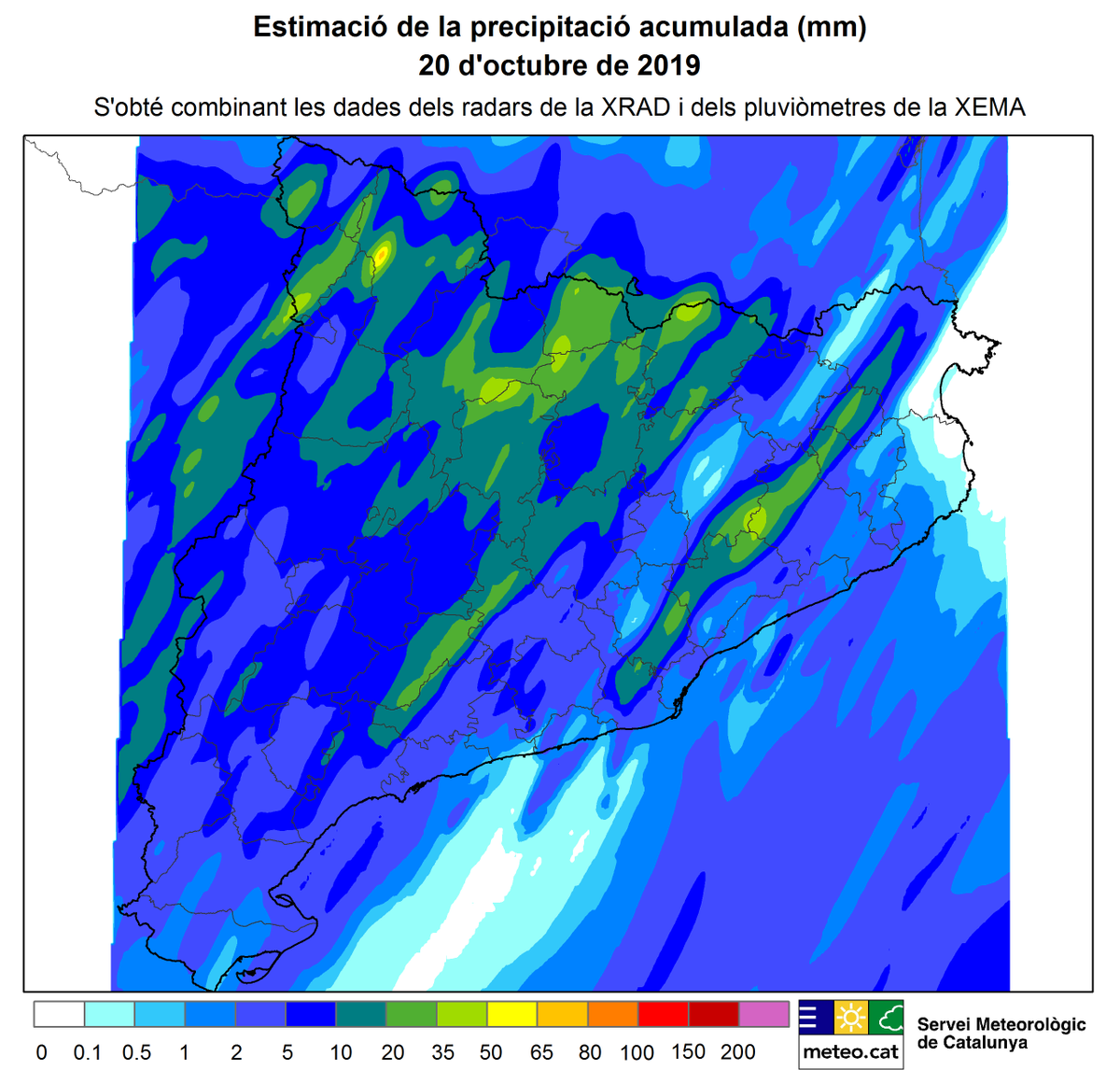 meteocat's tweet photo. Estimació de la precipitació d’ahir diumenge 20 d'octubre. Els màxims es van localitzar al Pirineu, Prepirineu i al Massís del Montseny. Destaquen els 80,5 mm d'Espot (2.519 m), al #PallarsSobirà. https://t.co/yT20Gl0BeW