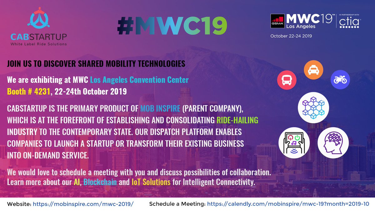 cabstartup's tweet photo. Join us to discover shared mobility technologies at MWC Los Angeles Convention Center, Booth # 4231 https://t.co/8gOmEbDw4n