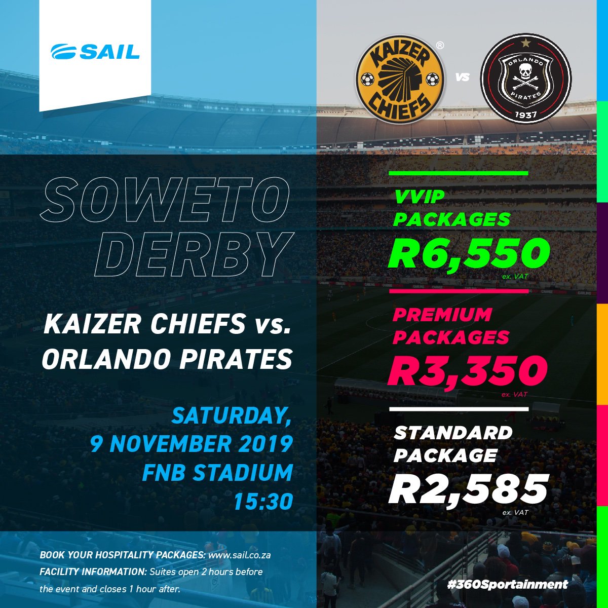 The Soweto Derby is heading back to FNB Stadium on 9 November and the best seats in the house are selling fast. Book your hospitality package online with @SAIL_360, safely and securely here: bit.ly/2qlyWSN