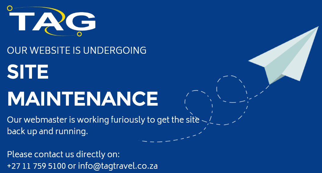 TAGTravel_Za's tweet photo. #TAGUpdate 📢re: tag travel website⬇️
Apologies for any inconvenience caused but we are just a call📞or email📧away. Thank you for your understanding. https://t.co/bE3Te4yawm