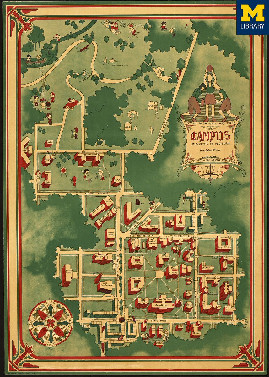 UMichLibrary's tweet photo. The campus, University of Michigan, Ann Arbor, Mich. Berta Knudson, 1936. https://t.co/AEFqmtWpAg #MapMonday #ClarkLibrary https://t.co/AxuYlx3ING