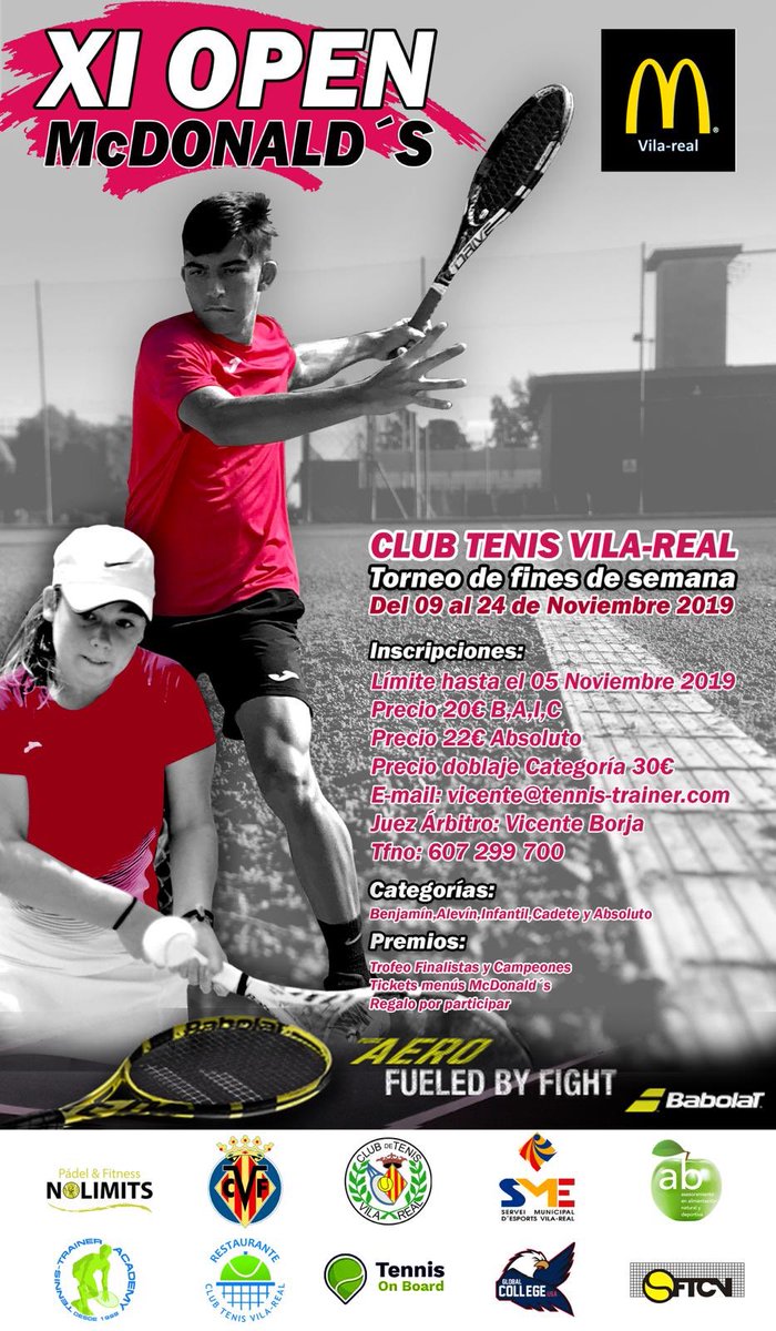 TennisTrainer1's tweet photo. 📸 ¡XI Open McDonald’s Vila-real! 🎾 Torneo de fines de semana que se disputará del 9 al 24 de noviembre en el Club de Tenis Vila-real, ¿Te lo vas a perder? https://t.co/8FScWKsEX8