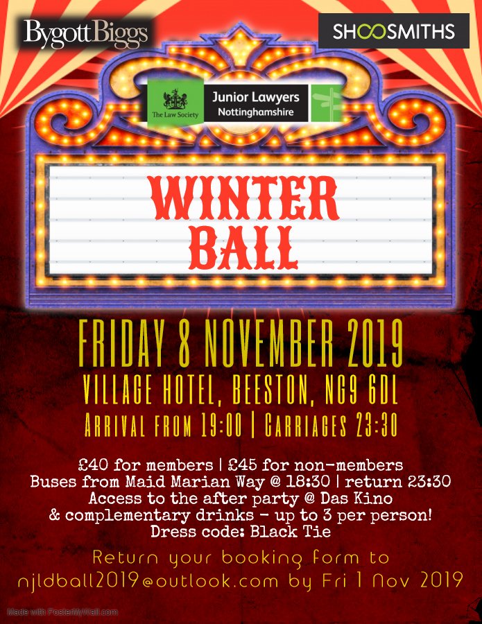 NJLD Winter Ball – Friday 8 November 2019 – Village Hotel, Beeston NG9 6DL

Sponsored by our good friends at <a href="/Shoosmiths/">Shoosmiths</a> and <a href="/BygottBiggs/">Bygott Biggs</a>, our circus themed evening promises to have plenty of surprises in store...

We’re looking forward to seeing you all there!

#NJLD #Winterball