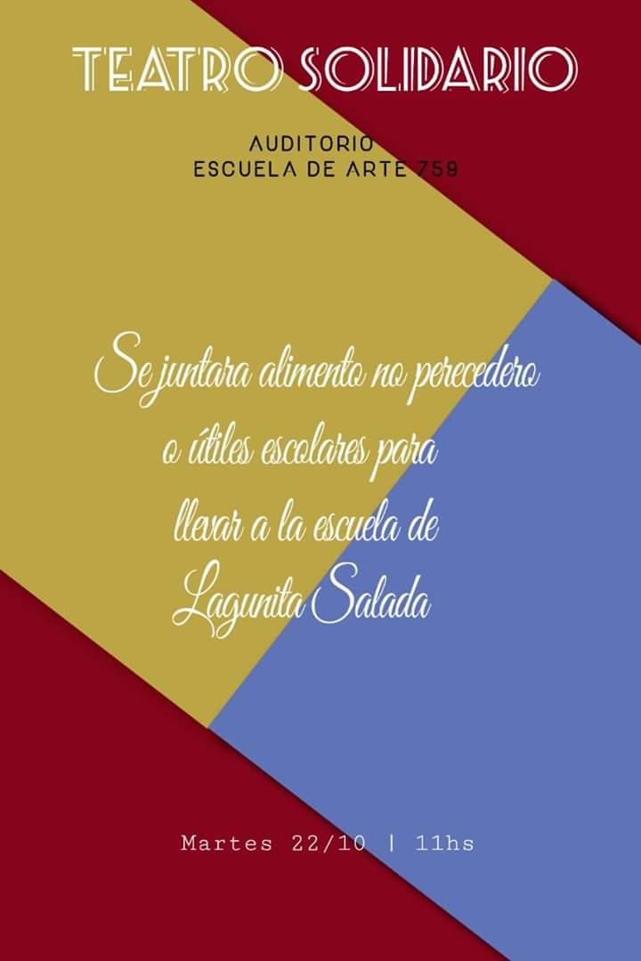 AmeSimondetOk's tweet photo. [Mañana] #Trelew 

🎭 "Teatro Solidario", organizado por estudiantes y docentes de la Escuela N° 759 que viajan a la Feria del Libro en Lagunita Salada.

▶️ Será en el auditorio de la escuela, a las 11, y se recibirán donaciones de alimentos no perecederos y útiles escolares. https://t.co/Jx0votZVOe