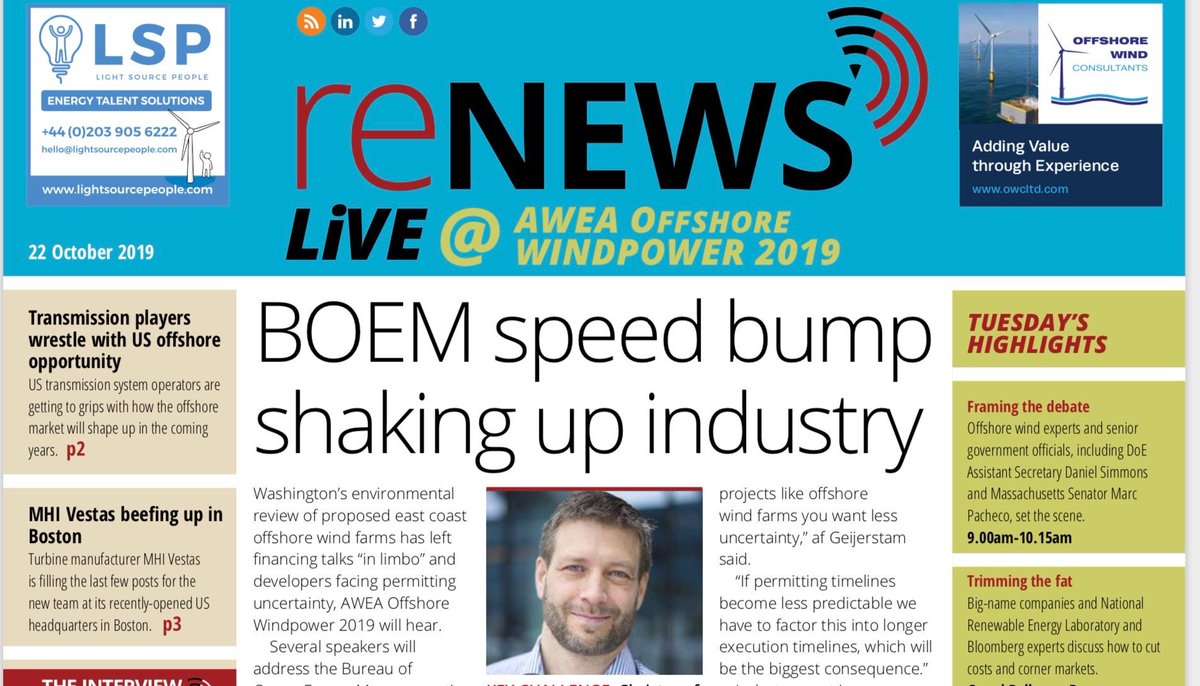 reNEWS_'s tweet photo. The @reNEWS_ @AWEA #OffshoreWind2019 digital daily preview reveals how the Bureau of Ocean Energy Management's environmental review of proposed US east coast wind farms has left financing talks "in limbo" and developers facing permitting uncertainty https://t.co/NxBkEIVAC2 https://t.co/NNV3Qjcd2w