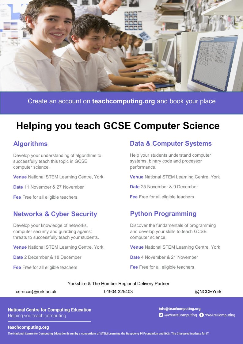 Our next <a href="/WeAreComputing/">National Centre for Computing Education</a> Computer Science Accelerator Programme courses start in November in York.

Book online at teachcomputing.org/courses

#GCSE #teaching #computing