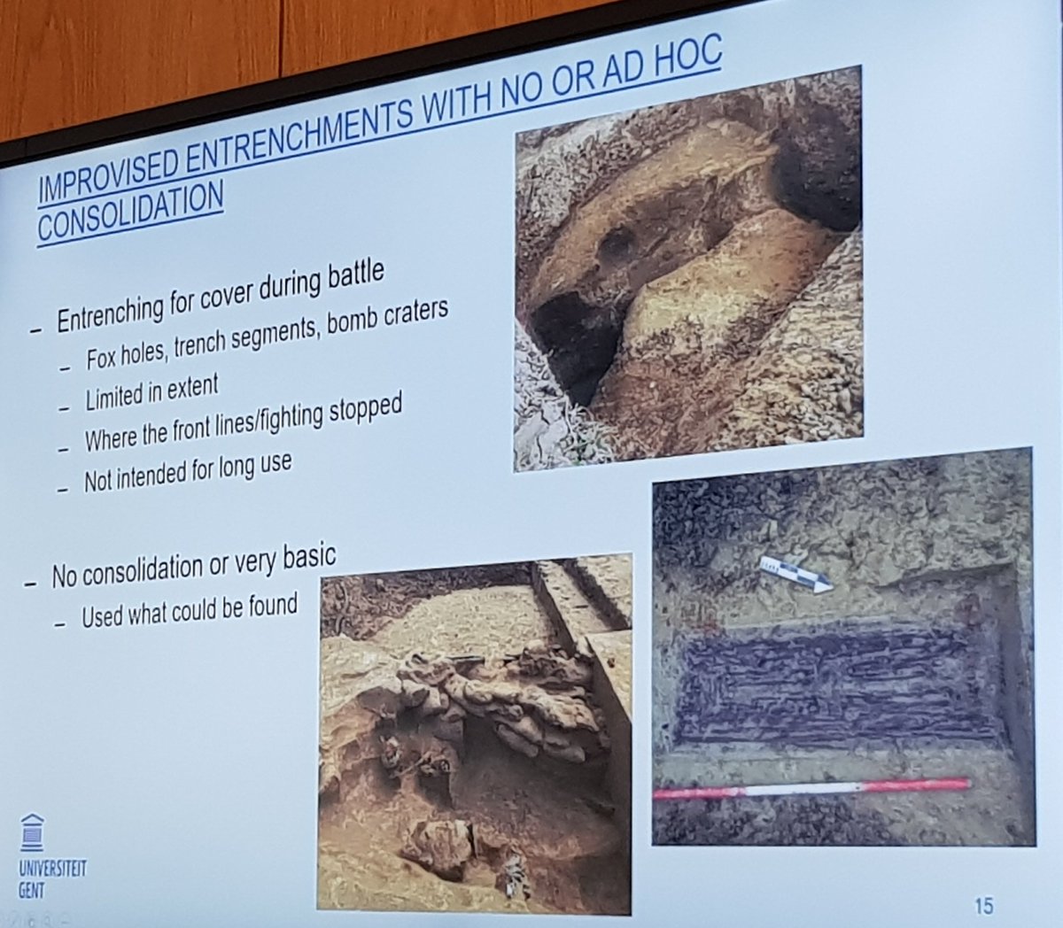 LoveArchaeology's tweet photo. Note the fossilised sand bags in these 'improvised entrenchments with no or ad hoc consolidation'.
Also note: trench #archaeology is *extremely* dangerous due to the 'iron harvest' of unexploded munitions. #WW1 | #pgca2019
See next tweet for another example of a preserved SB https://t.co/UhU7zOwB7Q