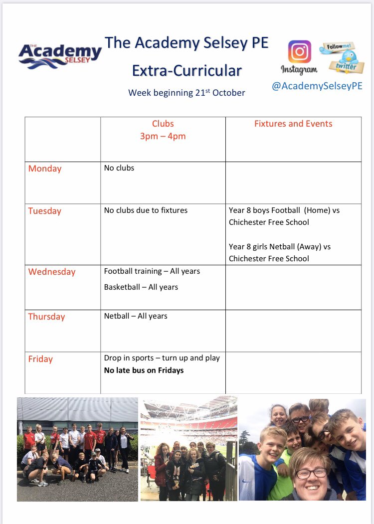Clubs and fixtures this week. Changes made to tuesday this week, due to two fixtures there will be no clubs on Tuesday. Year 8’s big day of fixtures for you #bringiton #academysport