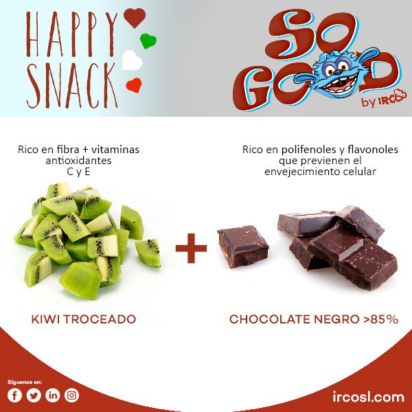 ircosl's tweet photo. Fibra + vitaminas antioxidantes C y E + polifenoles + flavonoles ¿No puedes evitar picar entre horas? Hay formas saludables de hacerlo. Como esta deliciosa combinación de kiwi y chocolate negro que te proponemos. 🥝🍫 ¡Pruébalo! #SoGood
#HappySnack https://t.co/9yXXtrQza2