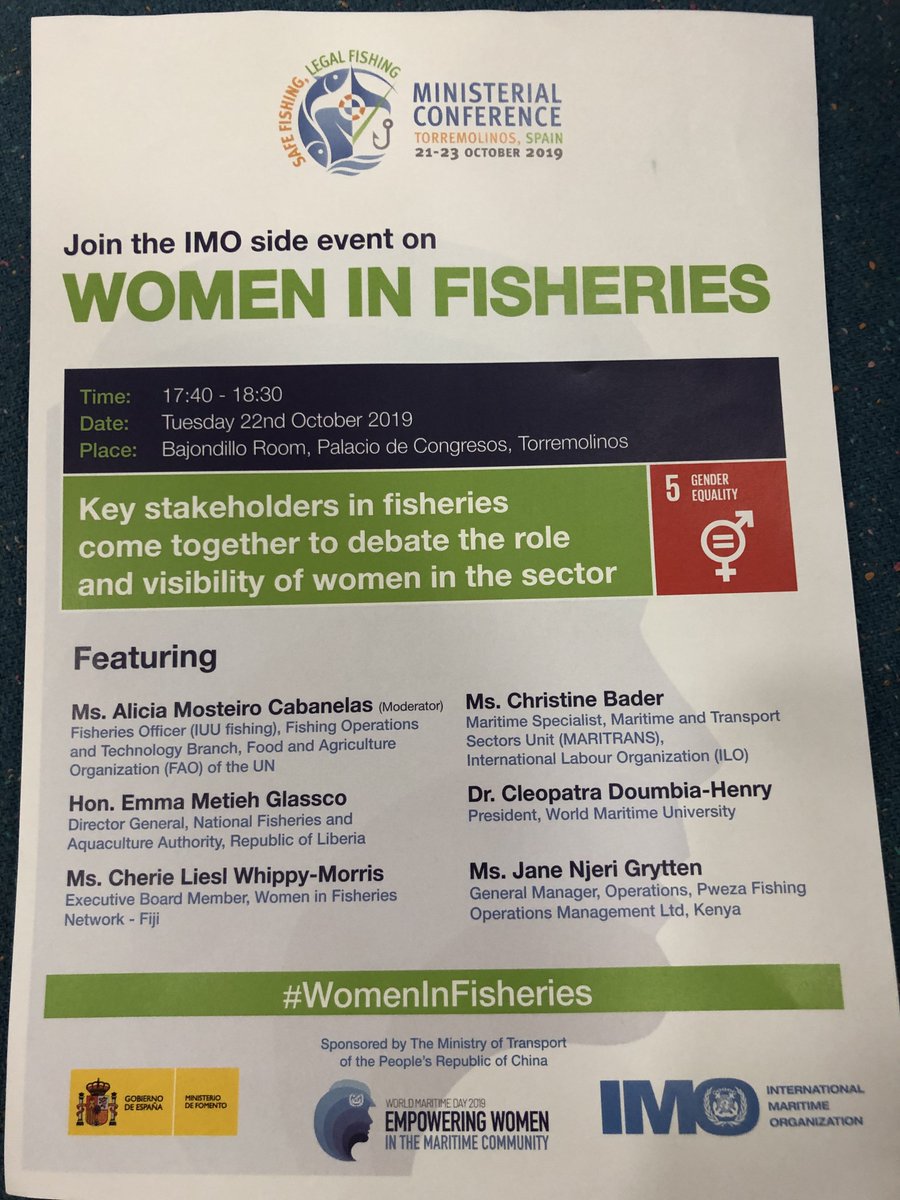 Don’t miss the #WomenInFisheries Side Event if you’re attending the IMO #SafeFishingLegalFishing Conference in Spain! It’s Tuesday evening!