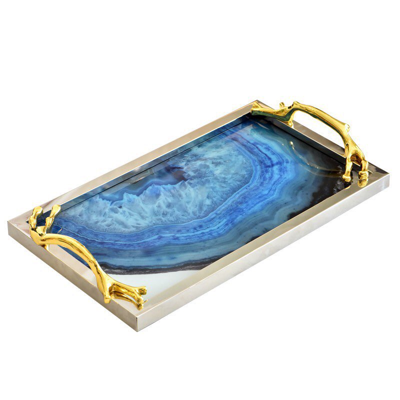 Decorative make up tray,can also used as fruit tray,copper handle with high tempered glass tray,very beautiful!

#evelynhomedecor #tray #fruittray #makeup #holder #decorativetray #moderndesign #agate #naturalstone #stone #blue #oceanstyle #oceandesign #glasstray #fruitholder