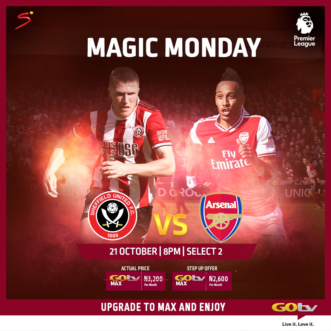 GOtv Nigeria (@GOtvNg) on Twitter photo 2019-10-21 10:00:08 Where are the Gunners? Arsenal will be looking for just their second away win of the season when they travel to face Sheffield United tonight. Watch the match LIVE on Select 2 (ch 32) at 8pm on your GOtv. #GoForFootball #PLonGOtv #SSFootball Where are the Gunners? Arsenal will be looking for just their second away win of the season when they travel to face Sheffield United tonight. Watch the match LIVE on Select 2 (ch 32) at 8pm on your GOtv. #GoForFootball #PLonGOtv #SSFootball
