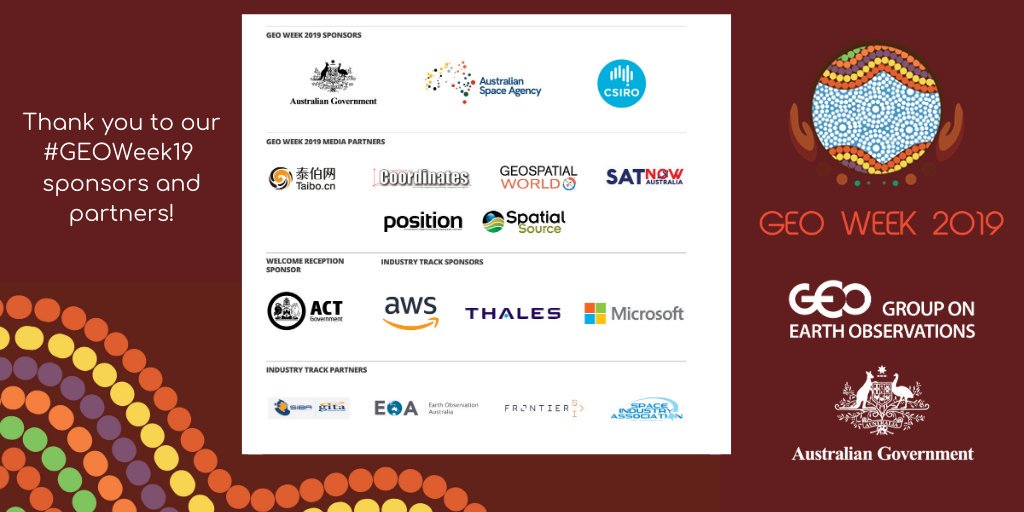 Thank you official sponsors and partners of #GEOWeek19! 

In just two weeks, we will welcome the global #Earthobservation🛰️🌍 community to Canberra, #Australia with <a href="/AusSpaceAgency/">Australian Space Agency</a> <a href="/GeoscienceAus/">Geoscience Australia</a> @csiro earthobservations.org/geoweek19