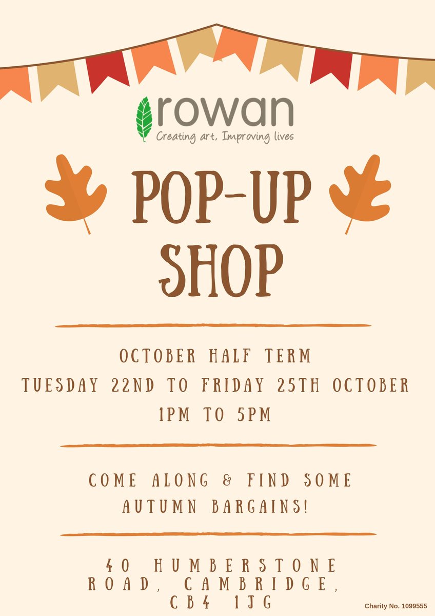 Our pop-up shop opens tomorrow! Come along to find some bargains: Tuesday to Friday, 1pm to 5pm. We look forward to seeing you! 

#Rowan #Cambridge #Shop #OneWeekOnly #Charity