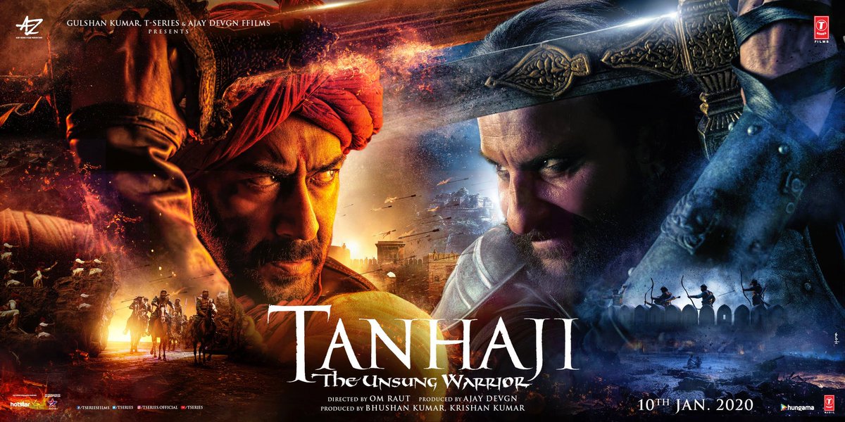 TSeries's tweet photo. MIND vs MIGHT. The epic battle begins in 3D on 10th January 2020! 
#TanhajiTheUnsungWarrior

@ajaydevgn @itsKajolD #SaifAliKhan @omraut @itsBhushanKumar @ADFFilms @TanhajiFilm https://t.co/HL8q8WZLfK