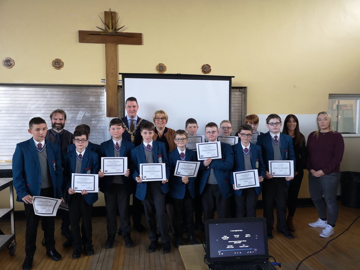SaintsCollege's tweet photo. We were delighted to have the Lord Mayor of Belfast @johnfinucane at our Yr 8 assembly this morning where he presented pupils with certificates for the Drug Awareness film produced in partnership with @KidsInControl1 https://t.co/Ua68iNrvaq