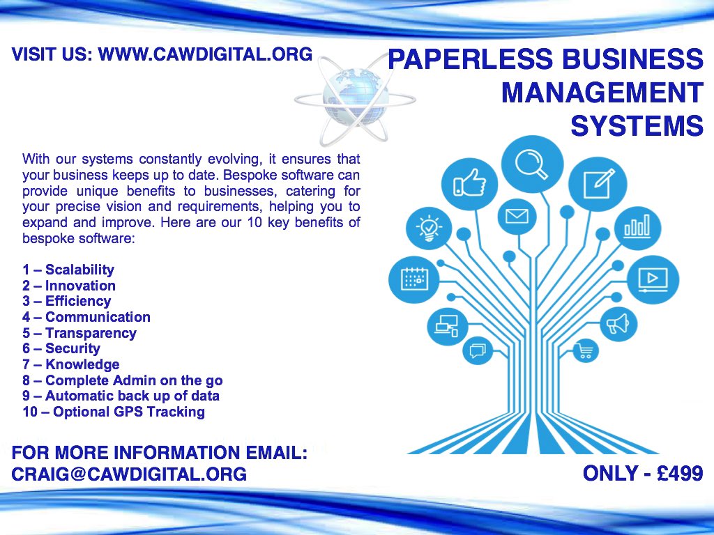 craigcawdigita1's tweet image. If you are looking for a way to improve your business and reduce your admin then our paperless management systems are for you, a bespoke system with no running costs for more information visit us cawdigital.org 

#paperless #reduceadmin #gogreen #business #businessowner
