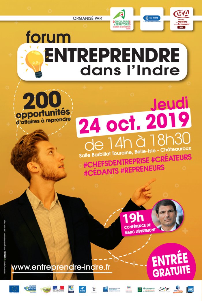 📌 A vos agendas ! 
Forum entreprendre dans l'Indre
Le 24/10/2019 de 14h à 18h30 
Salle Barbillat Touraine - Belle Isle
Châteauroux