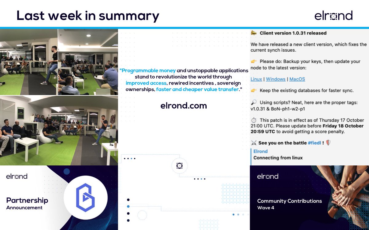 MultiversX's tweet photo. Last week in summary

1️⃣@BandProtocol partnership
2️⃣Community Contributions [Wave 3 summary]
3️⃣Elrond HQ Validators Meetup
4️⃣Battle of Nodes - Client version 1.0.31 released
5️⃣Weekly Tech Update
✅San Francisco Blockchain Week participation ann. https://t.co/Q6s3vs0ghs