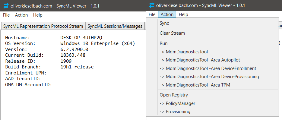 okieselb's tweet photo. SyncML Viewer v1.0.1 released
- added some MDM diagnostics features
…already installed? Check via Help for online update
#SyncMLViewer #MDM #MSIntune #OMADM #SyncML
https://t.co/3AsRUXkgD1 https://t.co/quAcyrfZPb