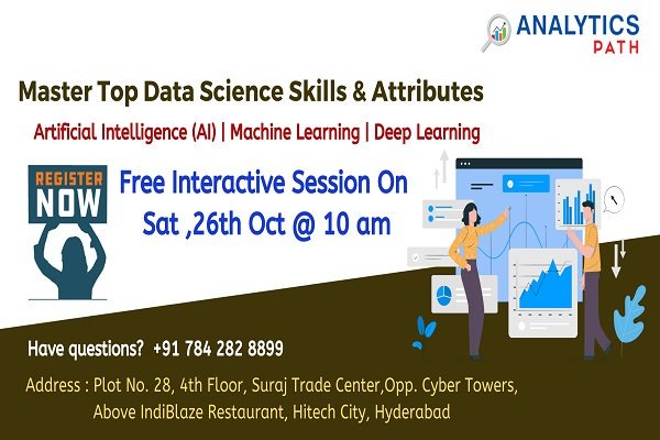 #DataScience #InformativeSessions, 26th Oct, 10 AM- Discover Ample Opportunities In Analytics - By #AnalyticsPath, #Hyderabad.
For more details visit us at: analyticspath.com 
For Free Registration: forms.gle/HgGLGxT1AjBJk2…
#DataScienceCourseinHyderabad.