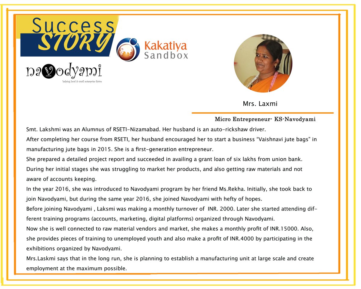 KakatiyaSandbox's tweet photo. The Success Story..!

Read the Success Story of Smt. Neeraja, Neeraja Boutique (Bangle Designer) 
Please click on the link to watch Smt. Neeraja's Success Story...
https://t.co/H4EfPaMJnj

#Success_Stories
#Kakatiya_Sandbox
#Navodyami
#Micro_Entrepreneur_KS_Navodyami
#Dfindia https://t.co/wZIEeXLcvP