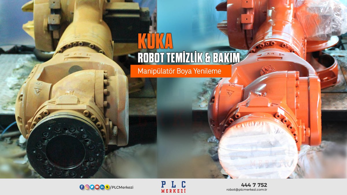 plcmerkezi's tweet image. 📷 #ServoMotor &amp;amp; genel bakımı yapılan, boyanan #Kuka #KR210 manipülatör &amp;amp; temizliği yapılan #KRC2 #robot panosu sevk edilmeye hazır. Endüstriyel robot bakımı çözümlerimiz için:

📧 robot@plcmerkezi.com.tr
📞 444 7 752
🌍 plcmerkezi.com.tr

#RobotBakım #Otomasyon #Endüstri40