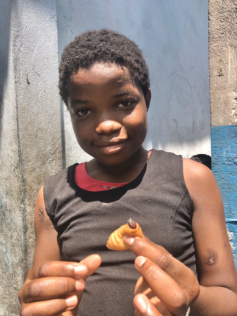 Fabrice, FFO’s insect farmer, delivering palm weevil larvae to an orphanage.  We are happy to provide #protein to these growing kids!  
And, we think we may have a few future #YouthFarmers!!  #ZeroHunger #InsectAgriculture #Mpose #ClimateSmartAg #ForEveryChild #NutritiousFood