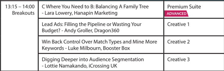 Next Breakout sessions start in 10 minutes! Featuring Lara Lowery (<a href="/Hanapin/">Hanapin Marketing</a>) Andy Groller (@DragonSearch),  Luke Millbourn (@boosterboxppc) and Lottie Namakando (<a href="/icrossing_uk/">iCrossing UK</a>) bit.ly/2Z9R7Hg