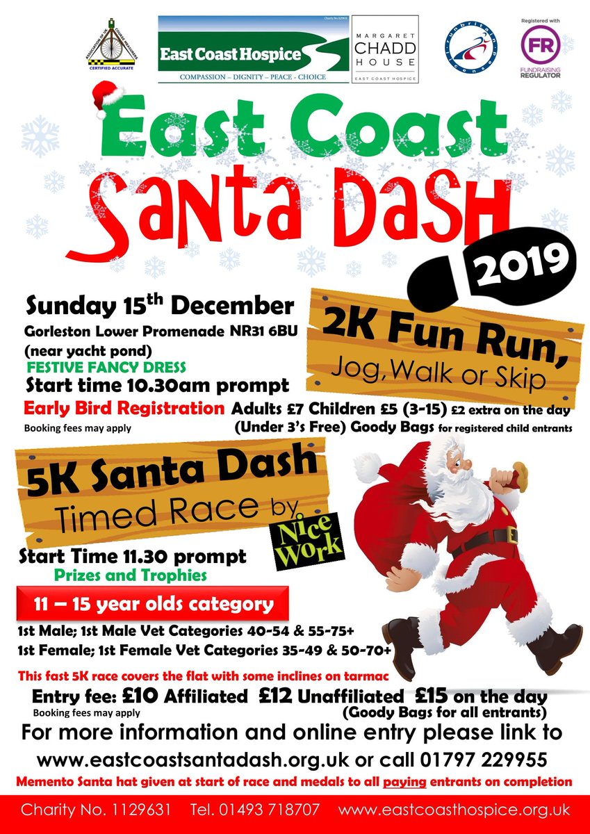 Will you help us to turn the Gorleston Promenade a Festive Shade of Santa Hat?
Entries to this year's East Coast Santa Dash Event are
'SNOWBALLING IN'
Register your place now , for some Dashing GOOD FESTIVE FUN!
eastcoastsantadash.org.uk