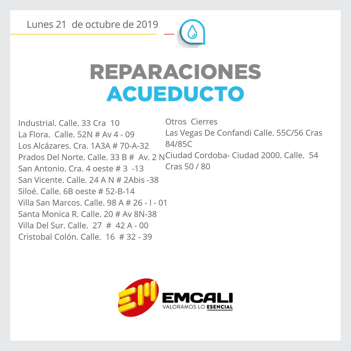 OMV_Cali's tweet photo. #ReporteEMCALI 🚧 | 👉 Lunes, 21 de Octubre👈
Interrupciones en servicio de agua 💧en algunos barrios de #Cali por reparación de daños.
#TrabajamosxCali #OigaMireVeaCali #CaliCo
Fuente información: @EMCALIoficial https://t.co/hWNUysKIpi