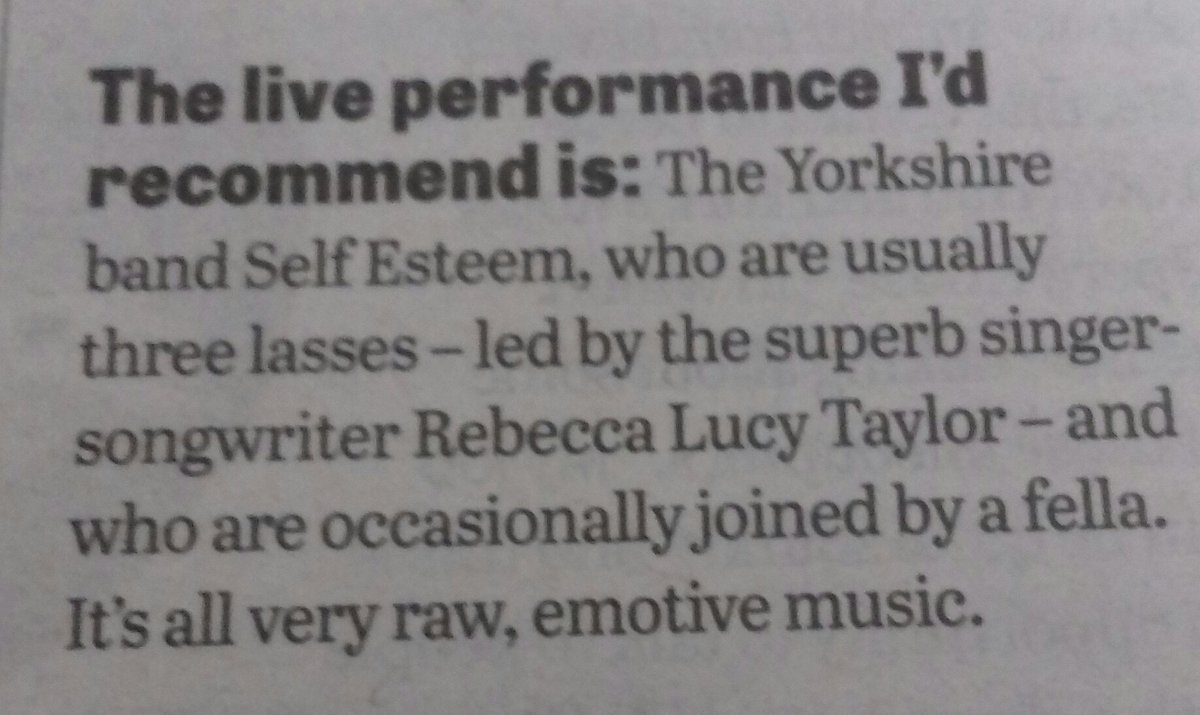 Saw the awesome <a href="/SELFESTEEM___/">Self Esteem</a> yesterday at Huddersfield <a href="/KirkleesLibrary/">Kirklees Libraries</a> then today's lunchtime reading of the staffroom's <a href="/yorkshirepost/">The Yorkshire Post</a> magazine reveals that comedian <a href="/justinmoorhouse/">Justin Moorhouse</a> also loves the band. I totally agree with him, a great recommendation!