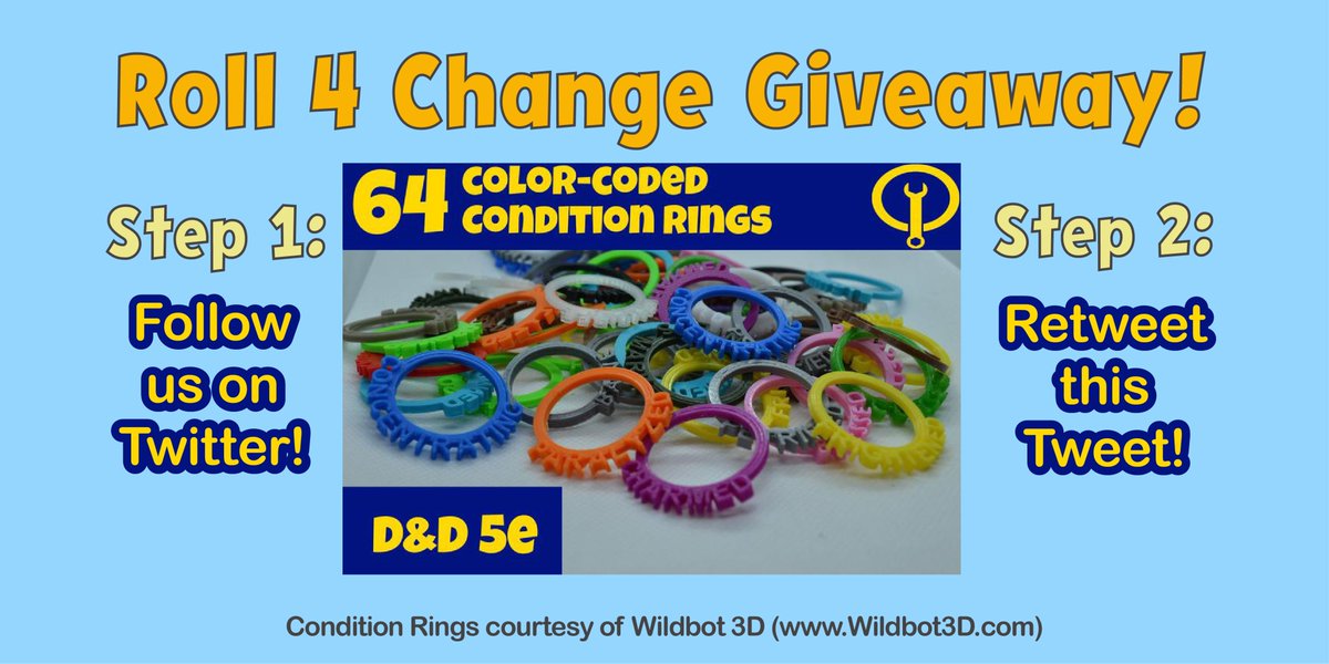 Roll4Change's tweet photo. Hey folks! Roll 4 Change is doing its first ever GIVEAWAY!

You could win these lovely 3D-printed condition rings specially designed for use in DnD 5e. Follow the instructions below to enter.

We'll be announcing the winner during our charity stream on Saturday, November 9! https://t.co/wSpz1DnYYf