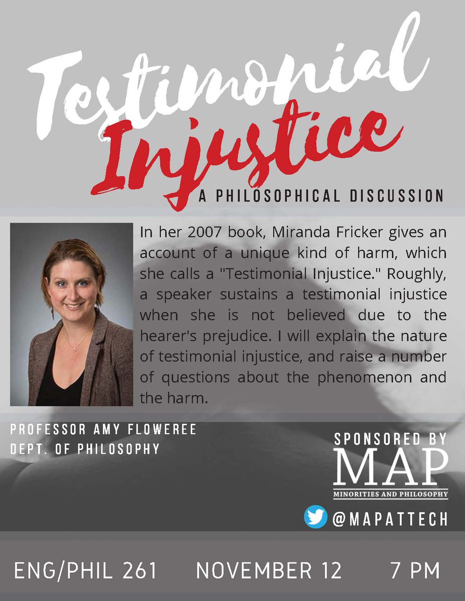 Join the Dept. of Philosophy and 🔴Tech Minorities and Philosophy⚫️as they welcome Professor Amy Flowerree who will explain the nature of testimonial injustice, and raise a number of questions about the phenomenon and the harm.

#Philosophy #injustice #justice #epistemology #TTU